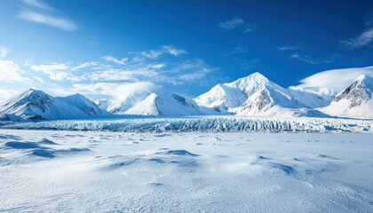 Obraz premium A stunning panoramic view of icy mountains and a glacier under a clear blue sky.