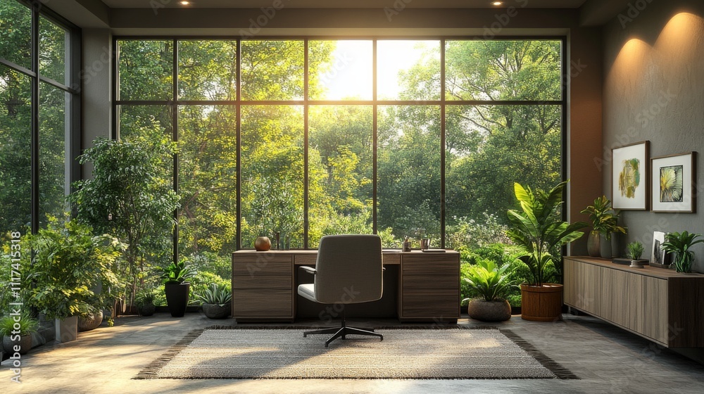 Poster this serene home office features a spacious desk and comfortable chair, bathed in warm afternoon sun
