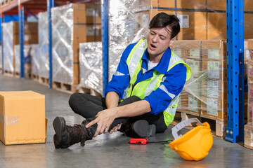 Male accidents from working box inspect product on shelves carrying heavy objects in warehouse. Box...