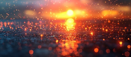 Fototapeta premium Breathtaking sunset scene with glowing shimmering reflection on the calm surface of a serene lake surrounded by a magical dreamlike atmosphere of twinkling glittering bokeh lights in the sky