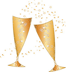 2 champagne glasses toast isolated on black background. Golden glasses, decorative texture. Template, logo, sign, advertising. Digital flat illustration 