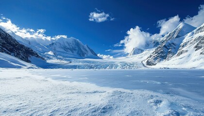 Obraz premium A breathtaking snowy mountain landscape under a clear blue sky.