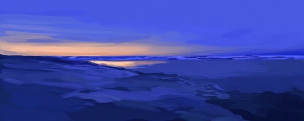 Fototapeta premium A serene coastal landscape at dusk with soft waves and a calming blue palette.