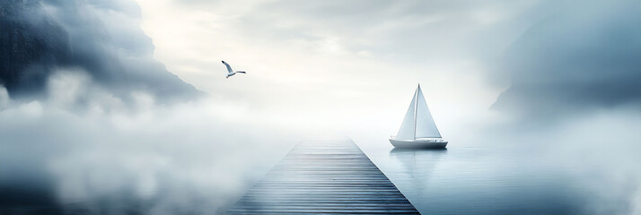 Fototapeta premium Quiet wooden pier jutting out into the deep blue ocean with a small sailboat drifting nearby seagulls soaring in the distance and a gentle breeze rippling the water