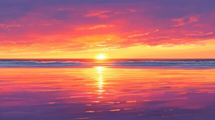 Naklejka premium A vibrant sunset over a calm ocean, reflecting colorful skies and serene waters.