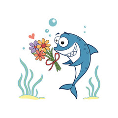 funny illustrated blue fish holding a flower