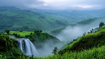 Fototapeta premium Majestic Waterfall Cascading Through Lush Green Jungle Landscape