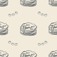 Seamless Pattern with Hand-Drawn Pancakes and Blueberries