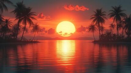 Tropical Sunset Over Palm-Lined Lagoon
