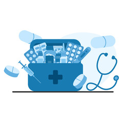 Medical first aid kit with pills, blisters, bottles, stetoscope and thermometer. Open medical emergency box full of medicine
