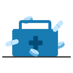 Close medical first aid kit with flying capsules and pills. Medical emergency box full of medicine