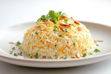 Saffron rice garnished with almonds and fresh herbs.