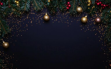 A festive arrangement of Christmas decorations featuring shimmering gold glitters against a dark backdrop, creating a warm and elegant holiday atmosphere.