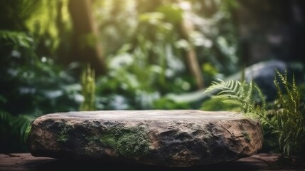 Natural stone and concrete podium in Natural green background for Empty show for packaging product presentation. Background for cosmetic products, the scene with green leaves. Mock up the pedestal.