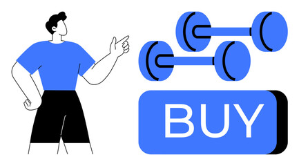 Male figure pointing at a pair of dumbbells above a large BUY button. Ideal for fitness, e-commerce, health promotion, online shopping, gym equipment, home workouts, muscle building. Line metaphor