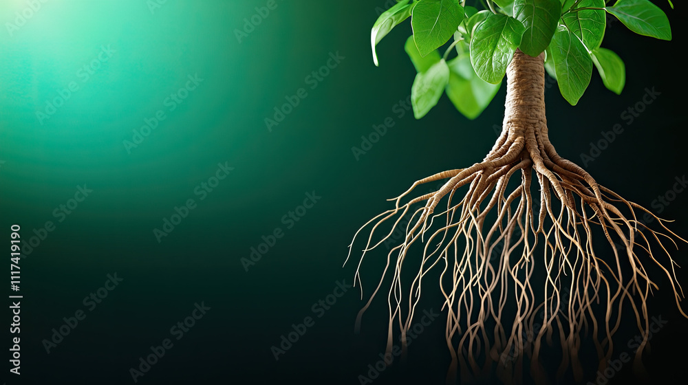 Aufkleber a close-up view of a tree with vibrant leaves and intricate roots against a dark background.