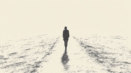 A solitary figure walks along a path in a minimalistic, foggy landscape.