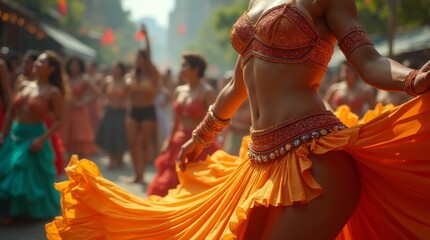 Woman in an orange belly dance costume performing at an outdoor festival with a blurred crowd in the background