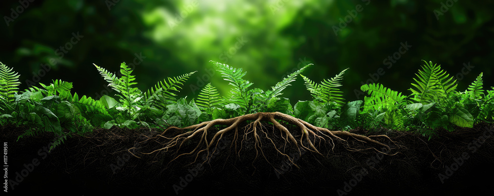 Poster A close-up view of lush ferns and intricate roots in a vibrant forest setting.