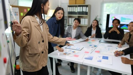 Business team engages in a meeting, with one member presenting marketing data on a whiteboard. They are using charts and graphs to discuss sales.