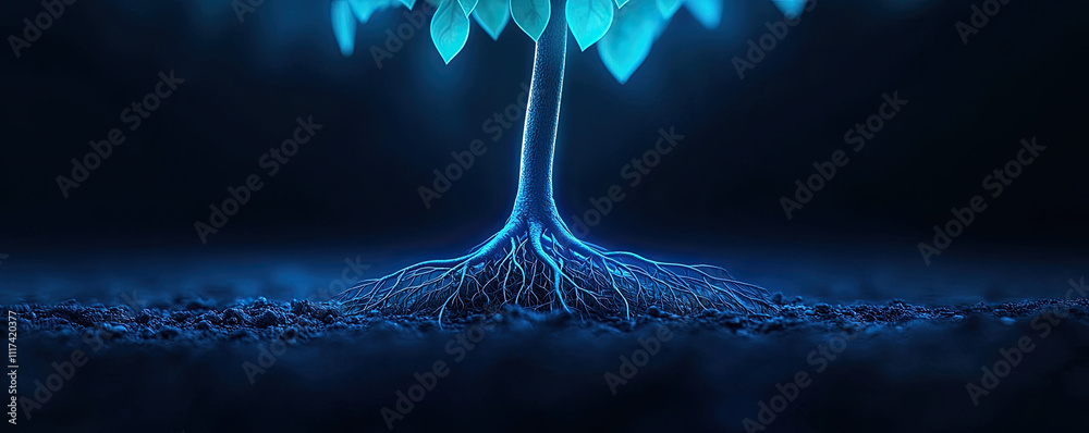 Poster a glowing blue tree with bright leaves and intricate roots emerging from the dark soil.