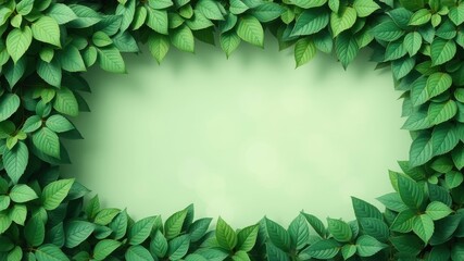 Fototapeta premium A vibrant green leaf border surrounding a pastel green background, providing a blank canvas for creativity