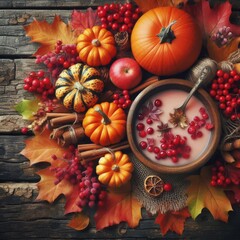 Top view of Autumn maple leaves with Pumpkin and red berries on old wooden background. 
