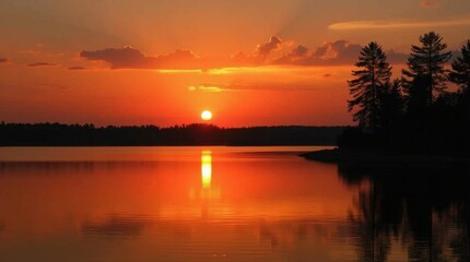 Fototapeta premium Serene Sunset Silhouette over Still Lake