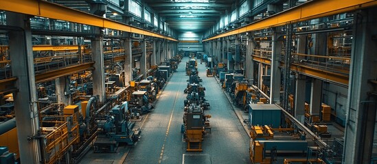 Imposing Industrial Factory Interior: A Panoramic View of Heavy Machinery and Manufacturing Processes