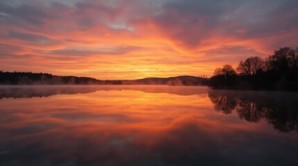 Obraz premium Serene Sunset Silhouette over Still Lake