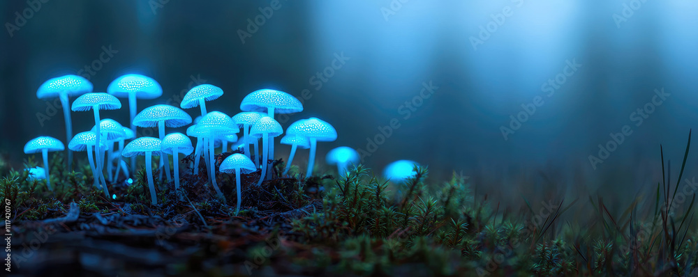 Poster a group of glowing mushrooms in a misty forest setting, creating an enchanting atmosphere.
