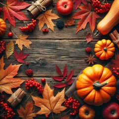 Top view of Autumn maple leaves with Pumpkin and red berries on old wooden background. 
