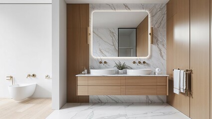 A contemporary bathroom interior with a luxurious bathtub, a clean sink, and a large mirror