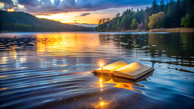 Floating glowing journal on lake symbolizing discovery and cherished memories. Perfect for: New Year's, Memorial Day