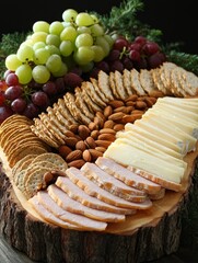 Rustic charcuterie board featuring sliced cheese, grapes, almonds, and crackers, arranged elegantly for a sophisticated gathering.