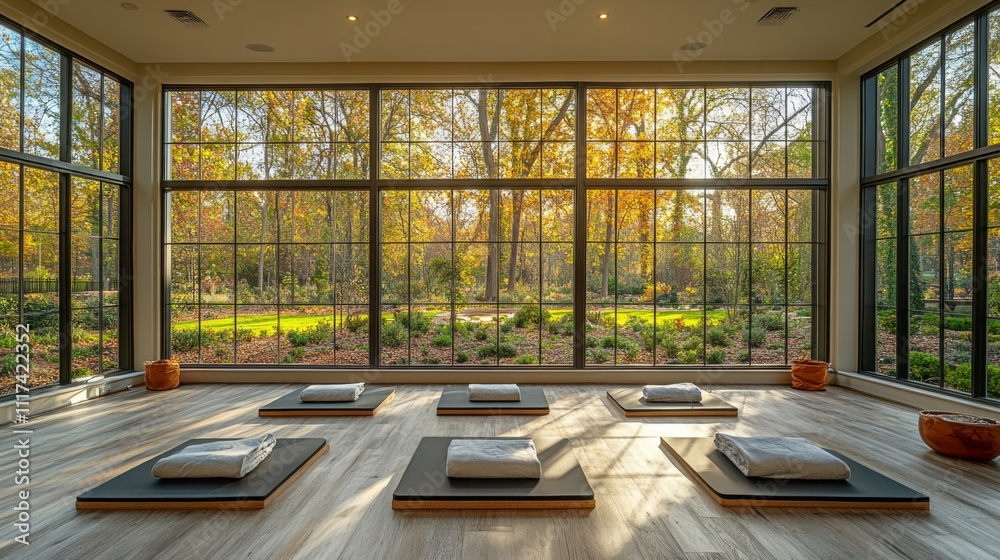 Aufkleber the cozy meditation area features several floor cushions arranged neatly under expansive windows. ou