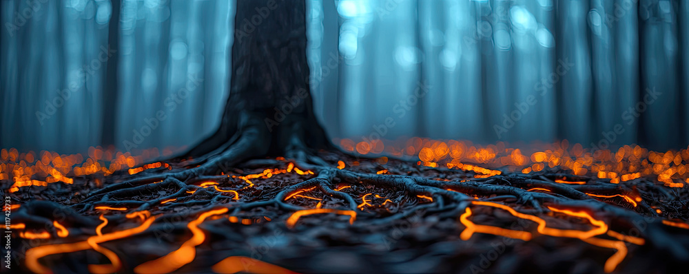 Poster a magical scene of glowing roots beneath a tree in a mystical forest setting.