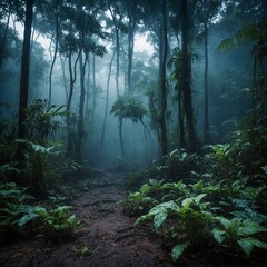 Fototapeta premium A misty Amazon forest floor with a soft white and blue atmospheric glow.