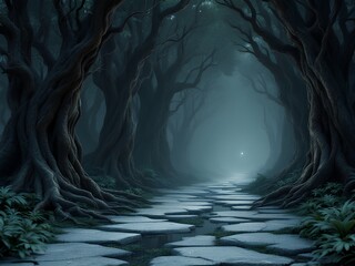The Stone Path in the Mysterious Forest - A Journey into the Unknown Fantasy World