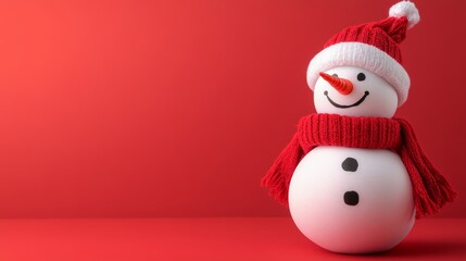 A charming snowman dons a vibrant red scarf and hat, embodying the festive spirit of Christmas in a snowy landscape
