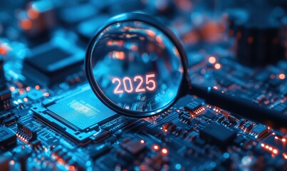 Magnifying Glass Focusing on "2025" with Digital Background, Technology and Business Concept for Future Planning, Copy Space Provided