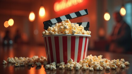 Striped popcorn bucket on table with scattered popcorn, warm bokeh light, and a clapperboard in a cinematic blur background
