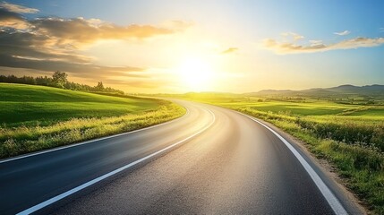 Fototapeta premium Asphalt Road Winding Through Lush Green Fields Towards a Golden Sunset