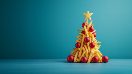 Juicy and delicious French fries in the shape of a Christmas tree with Christmas ornaments on a solid ice blue background, in the spirit of Christmas and New Year