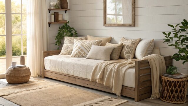 Enveloped in warmth this corner features a daybed surrounded by plush oversized textiles where every pillow is an invitation to unwind in a blissful sanctuary of softness.