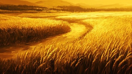 Fototapeta premium Golden Wheat Field with a Winding River