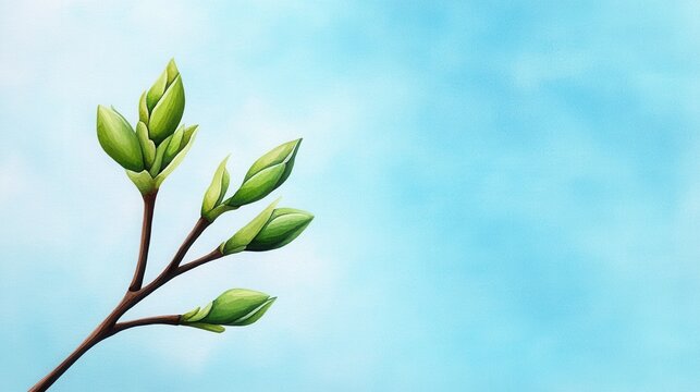 tiny green buds starting to bloom on bare tree branches, with a soft blue sky in the background