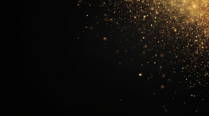 Glittering gold particles spreading on a dark background. Abstract shimmering dust and bokeh effect for festive designs. Copy space