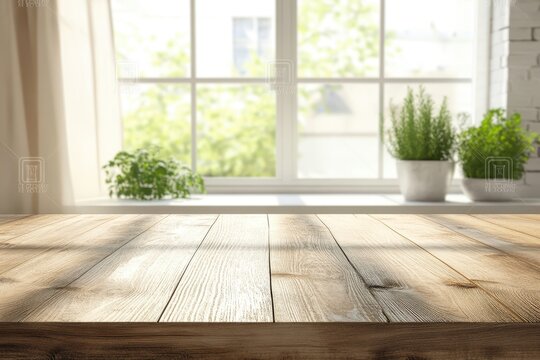 Fototapeta A wooden table in front of a bright window with plants, creating a cozy atmosphere.