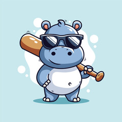 cute Hippo with baseball bat . Cartoon vector illustration.